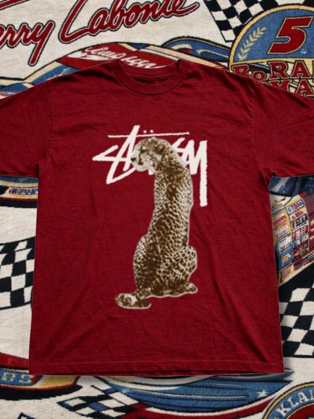 Gildan Maroon Tee with White Logo and Brown Leopard Graphic